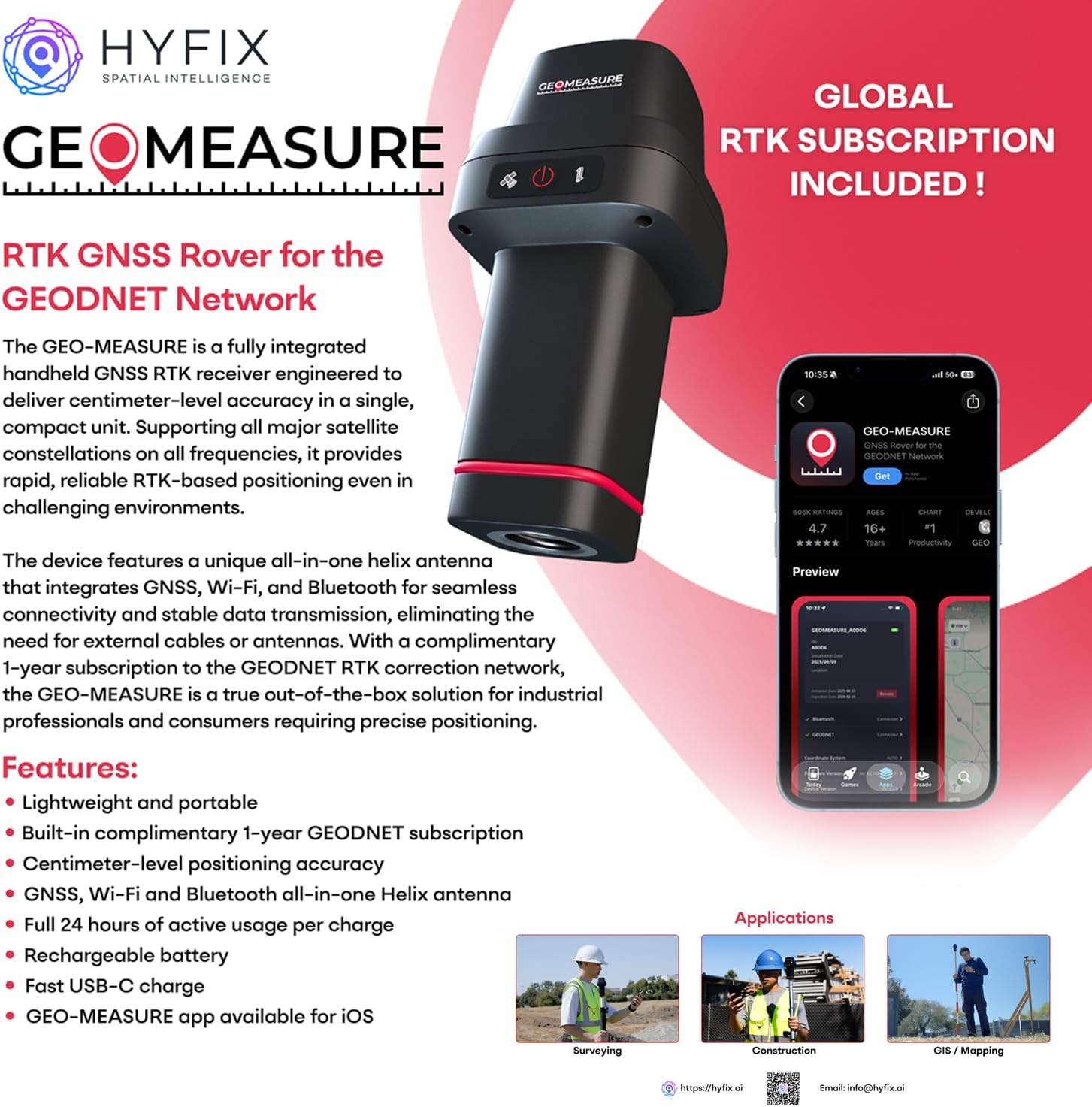 Handheld RTK GNSS Receiver for Surveying – Multi-Frequency GPS/GLONASS/Galileo/BeiDou, Centimeter Accuracy, Integrated Helix Antenna, Wi-Fi/Bluetooth, IP67 Rugged Surveyor, GEODNET RTK Enabled