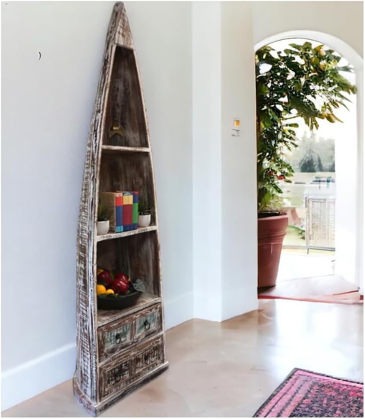 Sundara Furnishings Nautical Bookcase, Canoe Bookcase with 2 Drawers, Reclaimed Wood, Whitewashed, 81