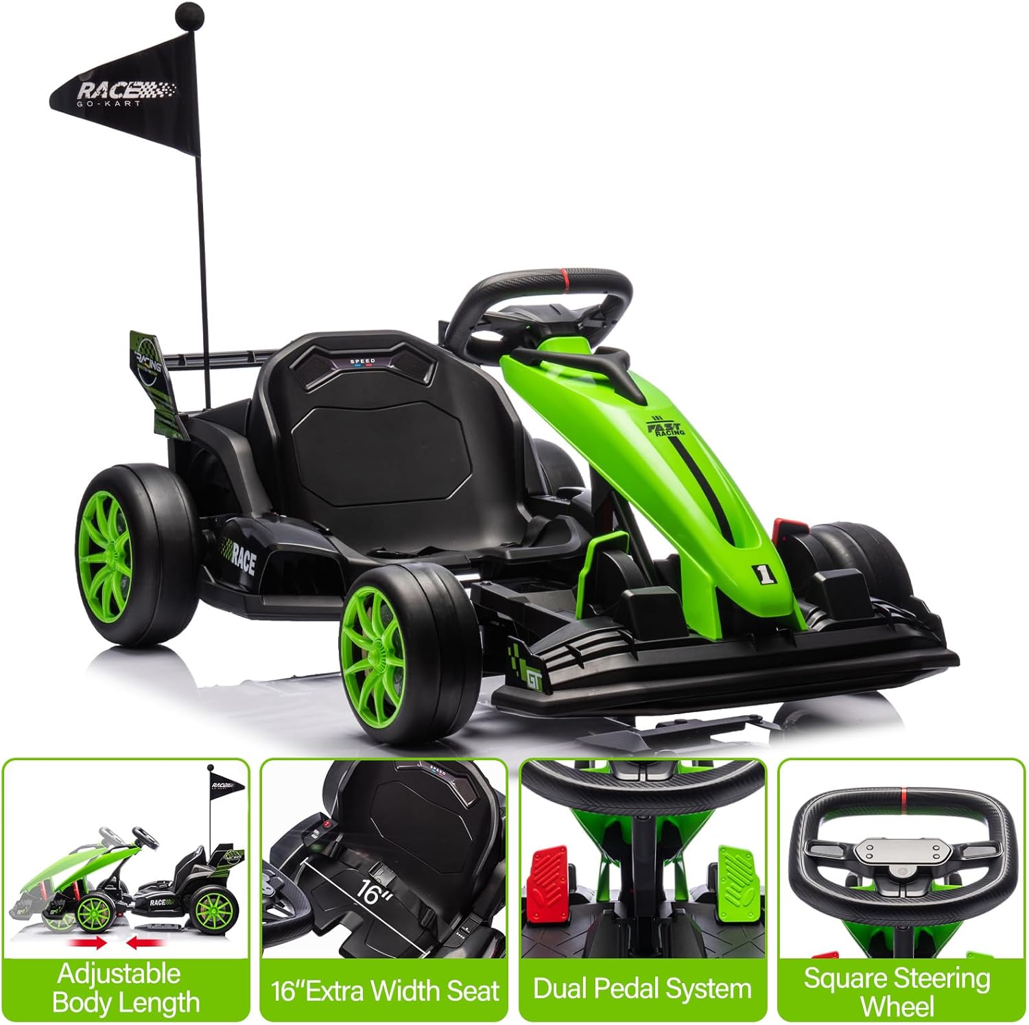 Go Kart Electric Ride on Car，24v Ride on Go Kart for Kids，Drift Kart Car with Adjustable Seat,7.5MPH Fast Drifting Circling, Max Load 135Lbs,Racing Toy for Kids, Green