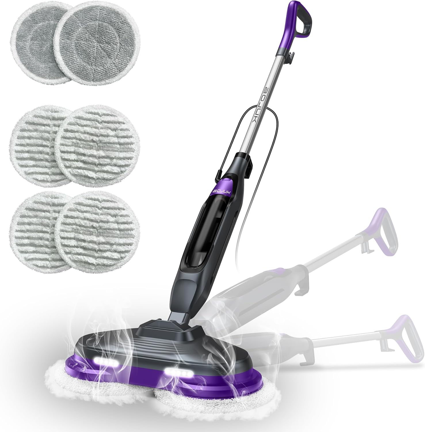 BOJUK Scrub and Steam Mop with LED Headlights, All-in-One Hard Floor Cleaner Rotating Mop, 6 Cleaning Pads, Swivel Steering, Cable Holder & XL Water Tank