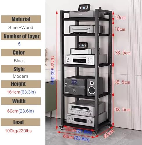 Height-Adjustable Audio Rack Shelf - Audio-Video Media Cabinet with Casters for Living Room