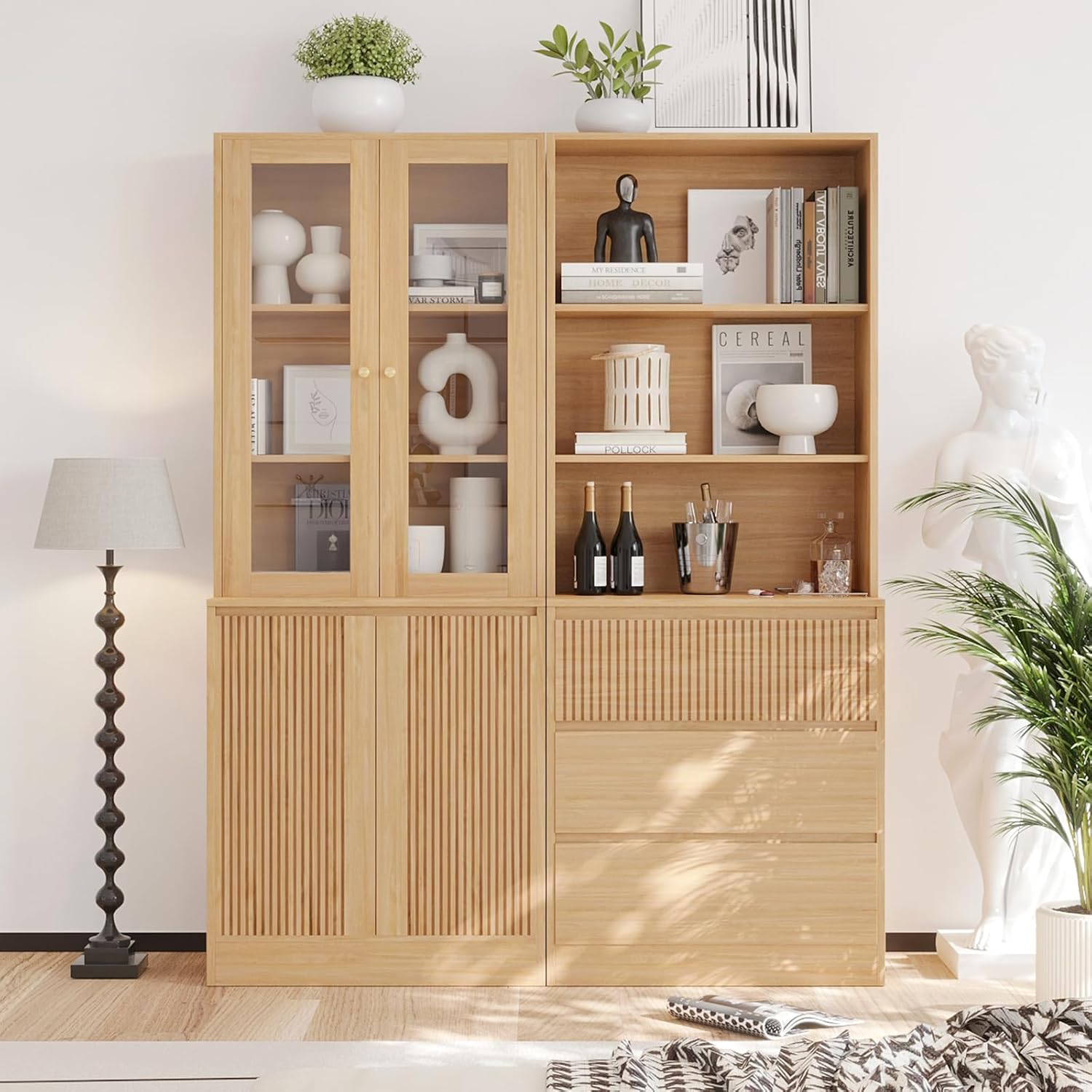 VOWNER Wood Bookcase, 71'' Freestanding Tall Storage Cabinet with 2 Tempered Glass Doors, Modern Kitchen Cupboard Large Floor Cabinet for Kitchen, Living Room, Home Office