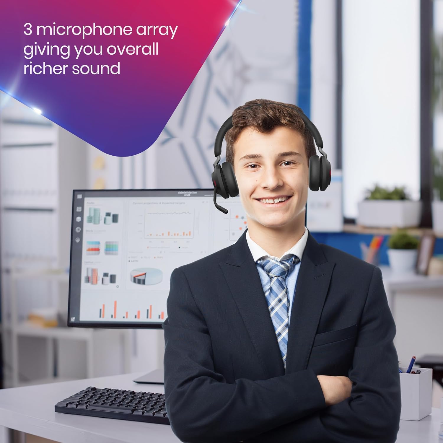 Jabra Evolve2 65 Wireless Headset Certified for MS Teams, Bluetooth Dongle, Compatible with Zoom, Meet, Ideal for Work from Home, Phone Calls, Video Calls, Bundled w/Mobile Wallet, Gold Support