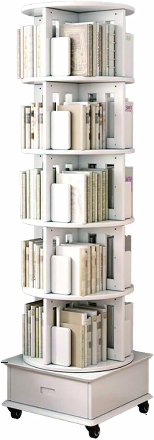 Zdlopteron 4-6Tier Solid Oak Wood Rotating Bookcase,Round Rotating Bookshelf 360 Display,Floor Standing Bookcase for Adults,Corner Shelf Bookshelf Book Organizer for Study Room(White-B,6Tier)