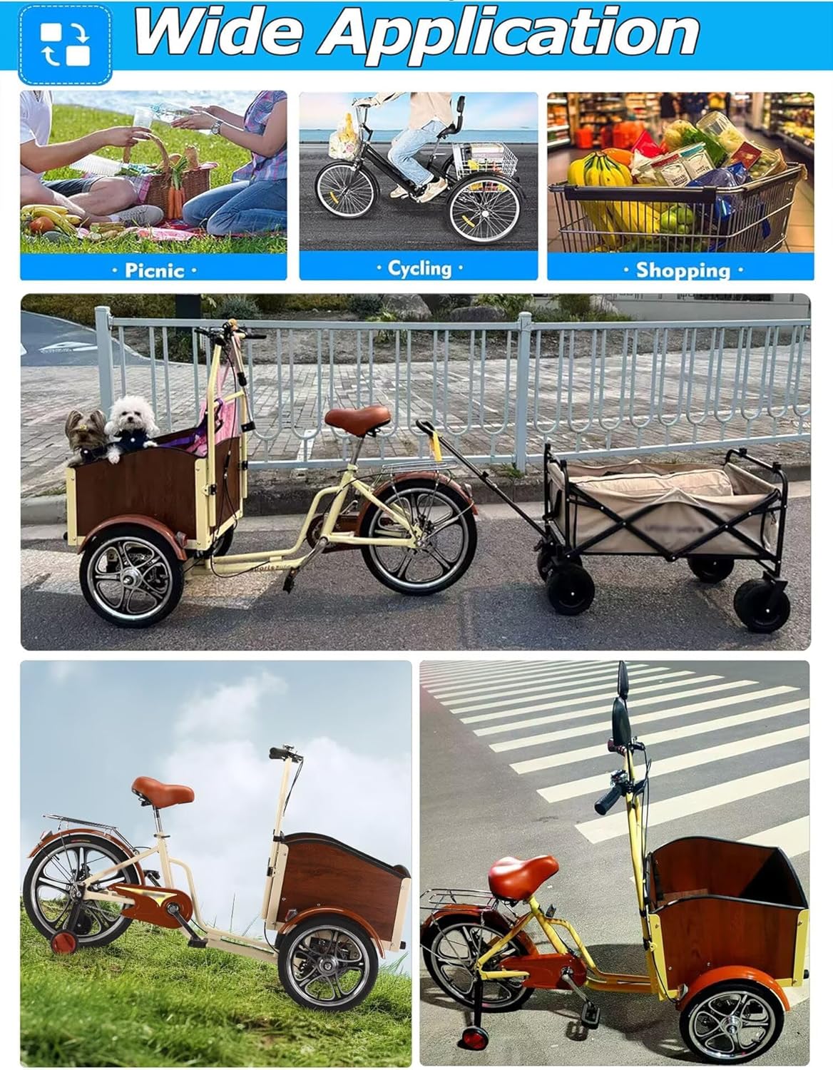 Inverted Pedal Tricycle with Front Wooden Box,Adult Tricycle with Training Wheels to Pickup Kids,Pets,Disc Brakes,3 Wheels Bike,Pedal Assist Cruiser Trike for Cycling, Outing, Picnic