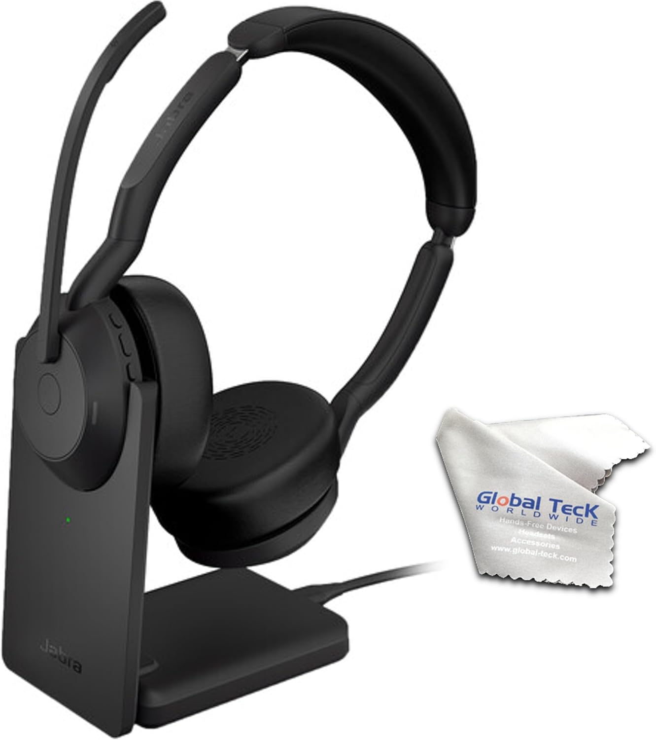 Jabra Evolve2 55 UC Stereo Bluetooth Noise Cancelling Headset(Link380a) with Charging Stand - Compatible with Mac PC,smartphones & tablets - with GTW Microfiber Cloth and Global Teck Gold Support Plan