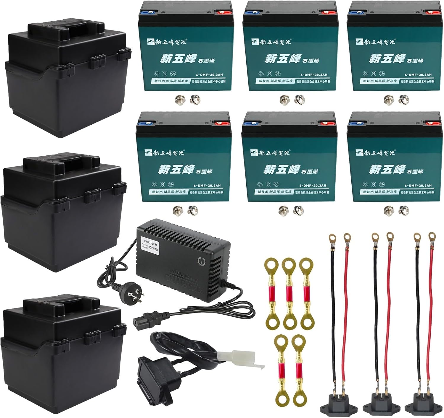 6-DMF-20 12V 20AH Battery 6 Pack – Maintenance-Free Rechargeable Batteries with Holder Box & 72V Charr – Ideal for Electric Vehicles, Scooters, ATVs, Wheelchairs, Golf Carts, Dirt Bikes