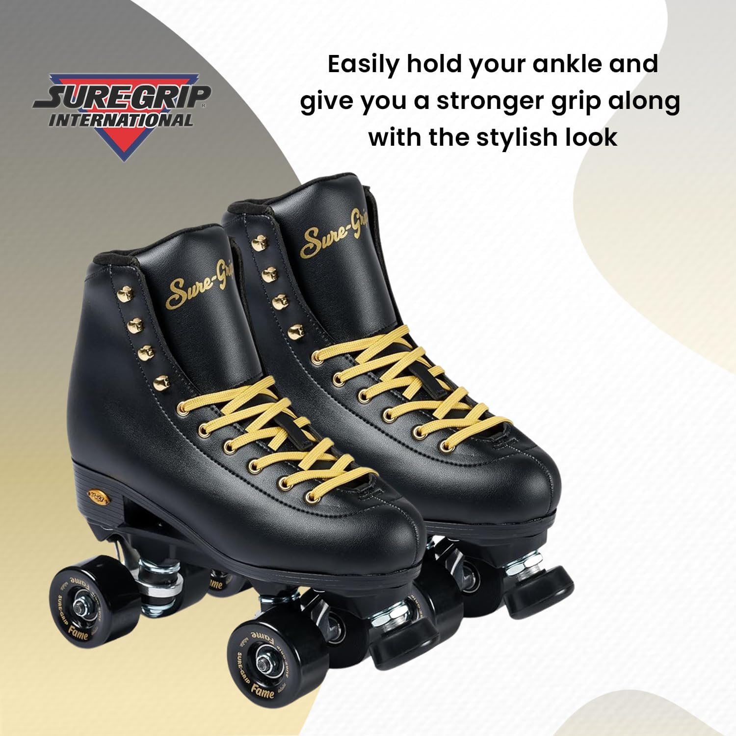 Sure-Grip Fame Black & Gold Unisex Indoor Roller Skates - Vegan Boot with Microfiber Lining - Offers Rock Nylon Plate & Aluminum Trucks - Matching 57mm Fame Black Indoor Wheels - Ideal for Beginners