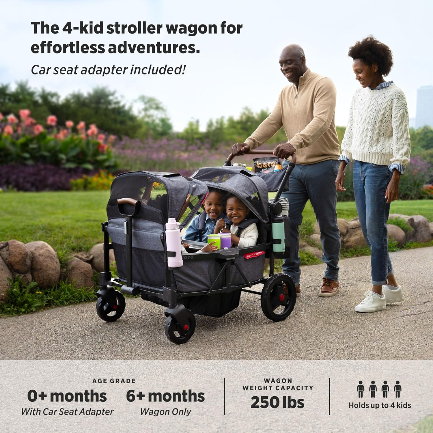 Radio Flyer Voya Quad Stroller Wagon and Graco Car Seat Adapter Bundle, 4-Seater Collapsible Wagon with Low Sides and Adjustable Canopies, Gray