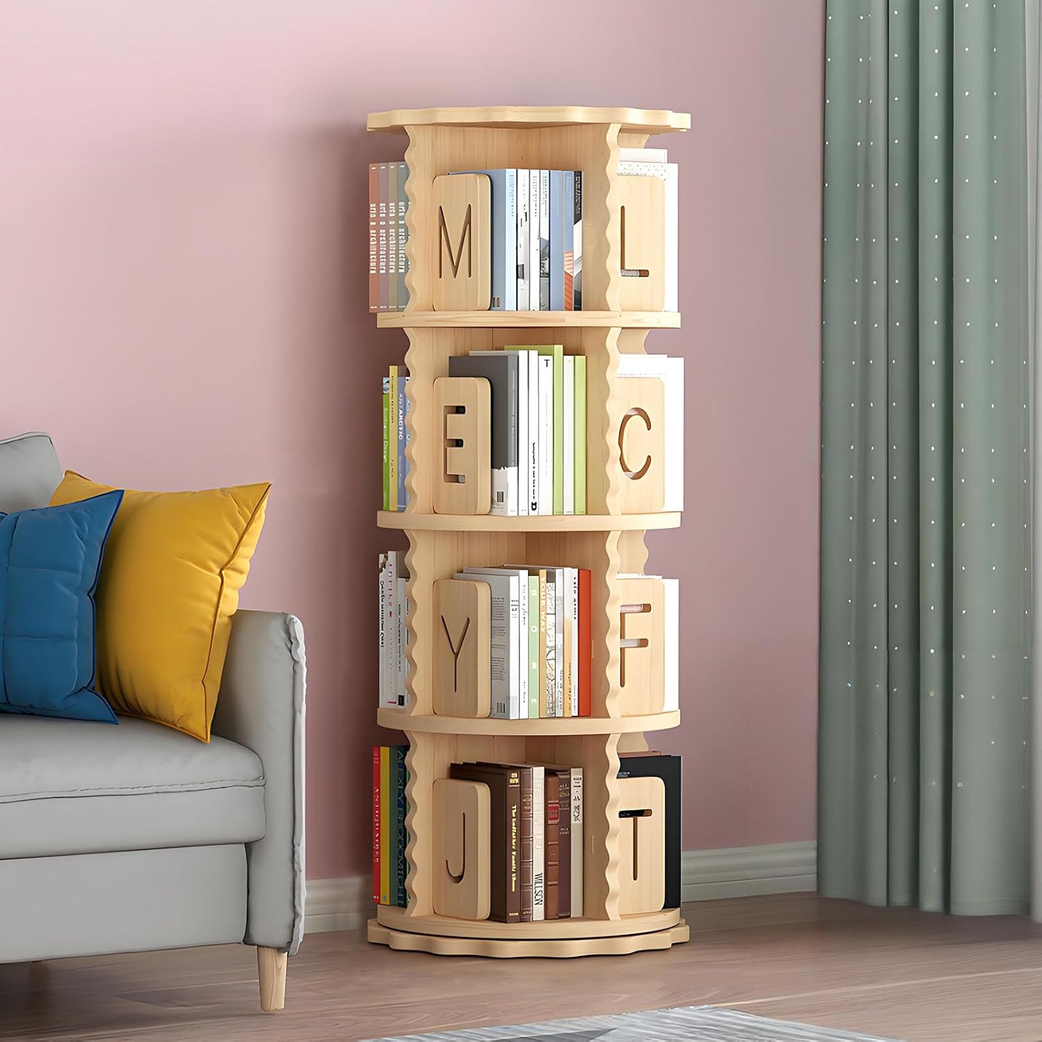 Enchantia Large Rotating Bookshelf, 360° Display Corner Bookshelf with Storage, All Solid Wood Stackable Narrow Bookcase for Small Space Home Office Bedroom Living Room, 4 Tier