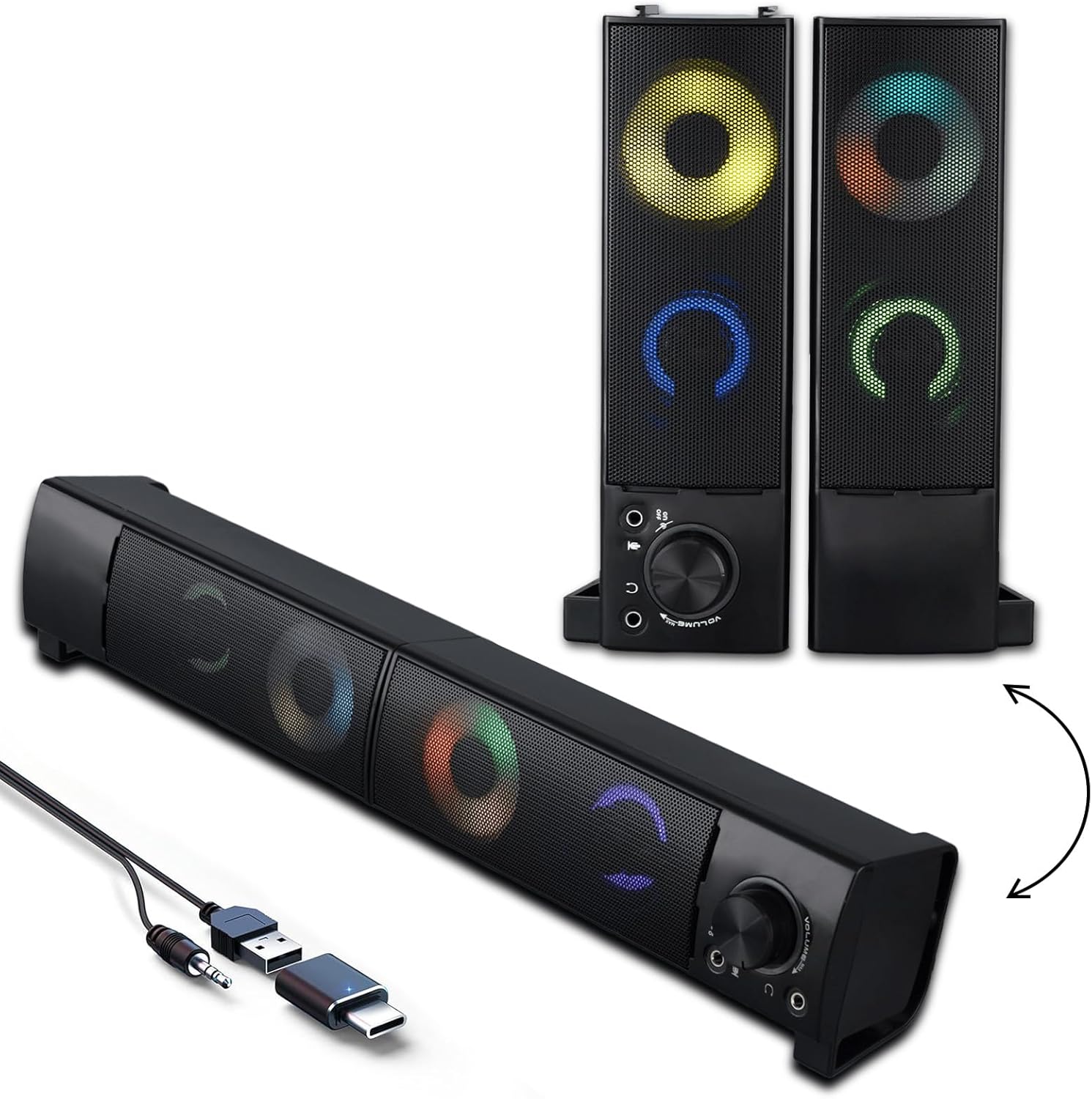 2-in-1 Wired Computer Speakers Designed for Desktop Devices USB Plug-and-Play RGB Lighting Wired Desktop Speakers