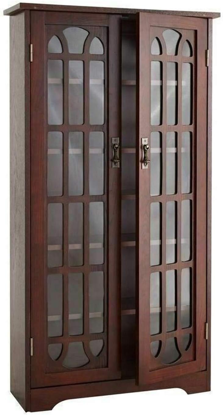 Thaweesuk Shop New Cherry Wooden Media Cabinet 6 Shelf Storage Tower Glass Door Stand Display Bookcase Living Room Office Decor Organizer Furniture Home Office Wood 26.25