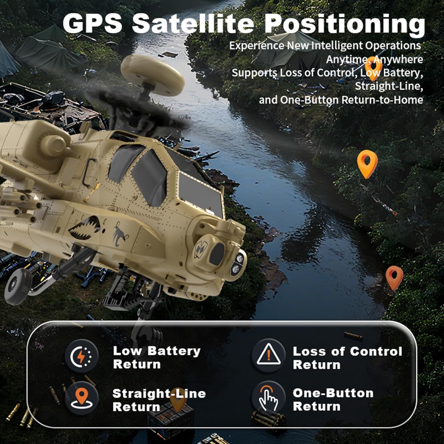 RC Helicopter, 1/32 Scale 2.4G 6CH Apache Single Rotor Heli Military Aircraft with Altitude Hold & 3D Inverted Flight Remote Model Birthday Gift for Adults Enthusiasts(Without Camera)