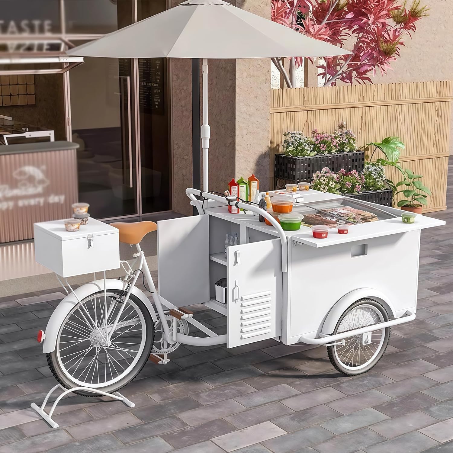 Vending Trike Mobile Food Beverage Bike, Street Food Juice Snack Vending Stable Iron Metal Bicycle Trailer with Parasol and Pedals, for Artists Food Vendors,Style1,B