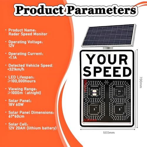 Solar Powered LED Radar Speed Display Sign, Traffic Feedback Warning Board, Aluminum Speed Sign for Enhanced Traffic Safety - 3 Digit Display, 50x70cm