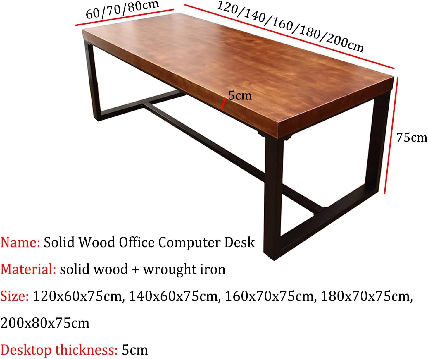 Computer Desk Solid Wood Computer Desk for Home Office, Student Writing Desk Game Table, Table Length 120-200cm, Table Top Thickness 5cm (180x70x75cm)