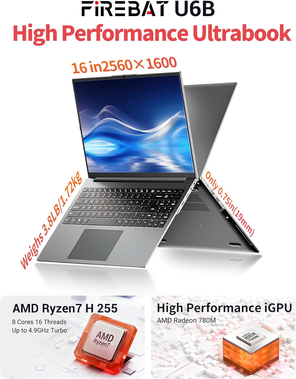 Laptop Computer Ultrabook, Scalable Storage, 16in QuadHD, 4.9GHz AMD Ryzen H 255, Radeon 780M Graphics, DDR5 5600MHz RAM, M.2 PCIe SSD, Portable Gaming/School/Business Notebook Computer【U6B】