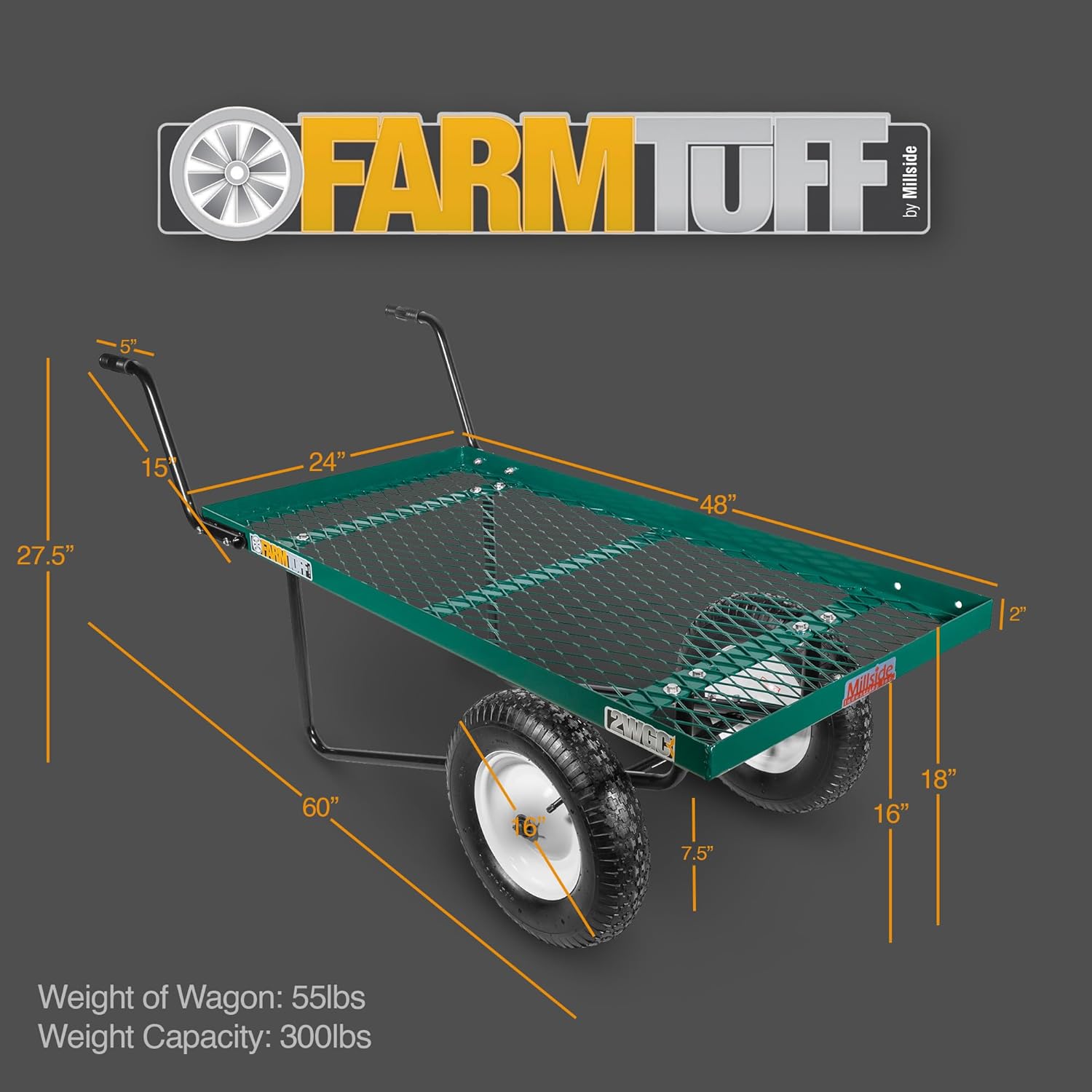 FARM-TUFF Two-Wheel Pushcart, Green - Heavy-Duty Metal Garden Utility Cart with 48