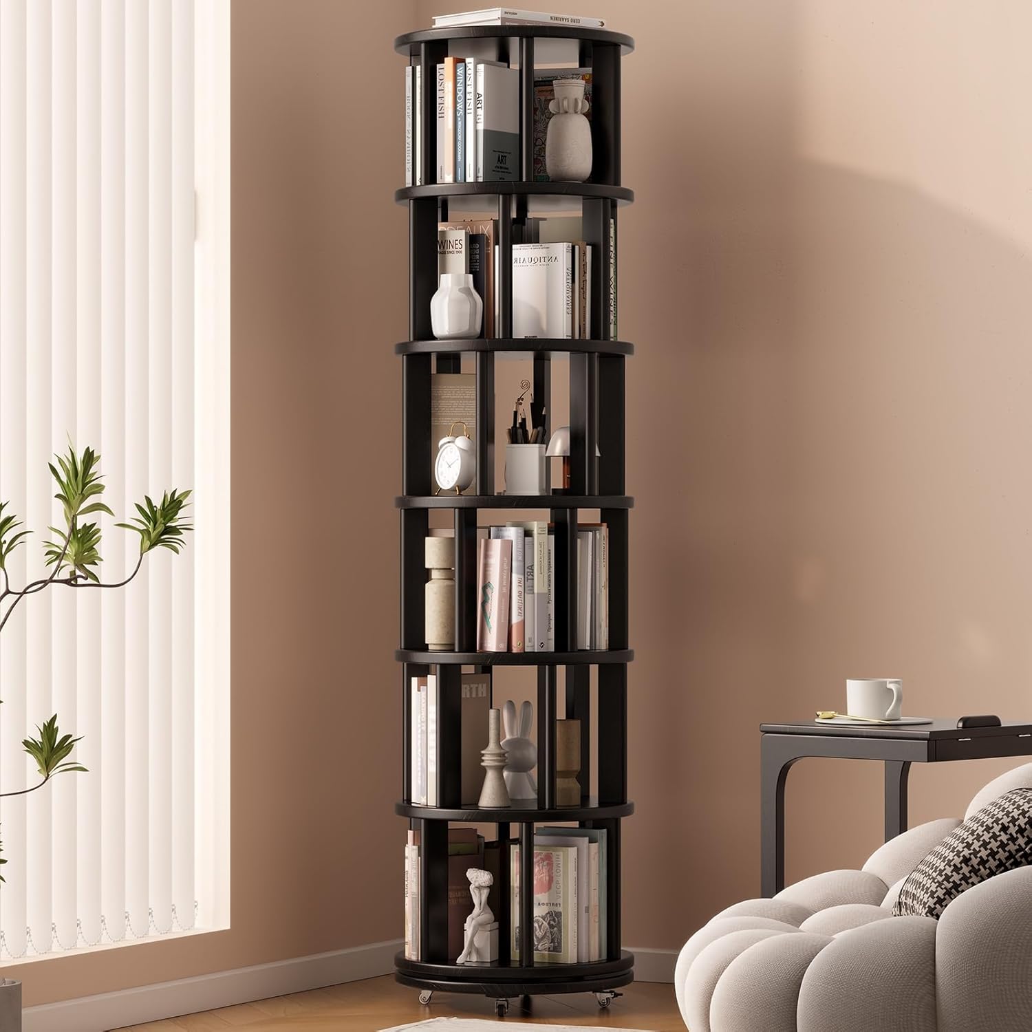 Muwuele Solid Wood Rotating Bookshelf on Wheels, 6 Tier, Round Revolving Bookcase, 360° Spinning Book Shelf Tower for Kids, Narrow Rolling Bookshelves for Small Space, Corner, Bedroom, Office, Black