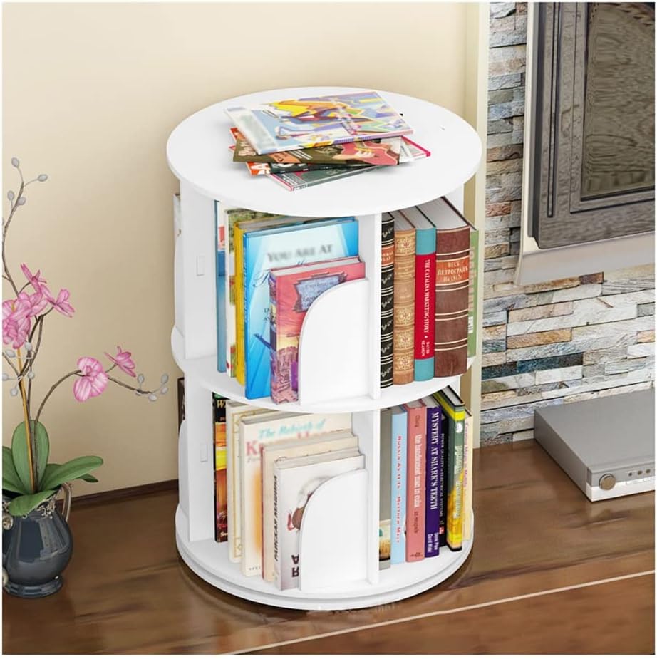 360 Degree Rotation Round Bookshelf, White Floor Standing Wooden Bookcase, Book CD Frame Display Shelf (Size : 2 Tier)