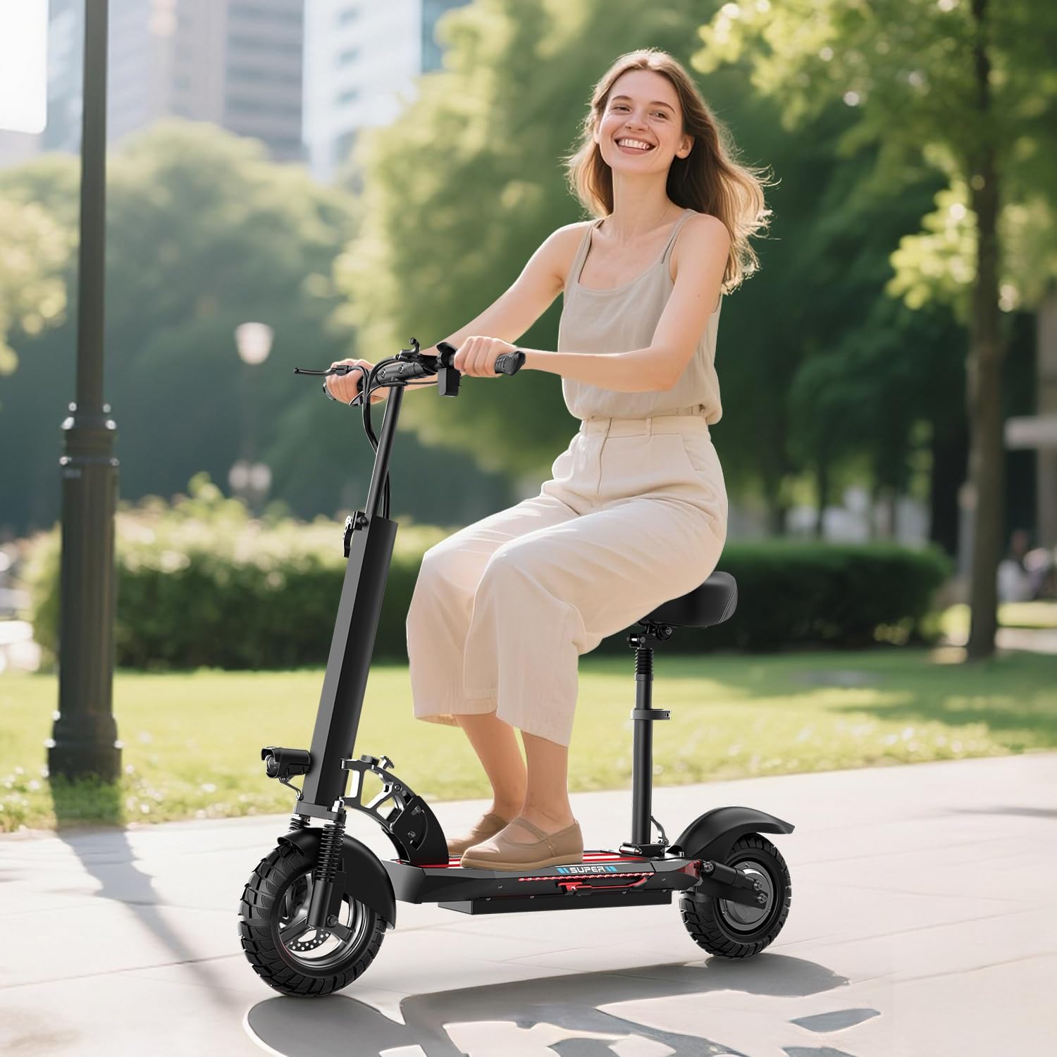 1200W Peak Dual Motor Electric Scooter with Seat, 48V 15AH 27 MPH,Up to 45+ Miles, UL2272 Certified Foldable Commuting E-Scooter Full Suspension