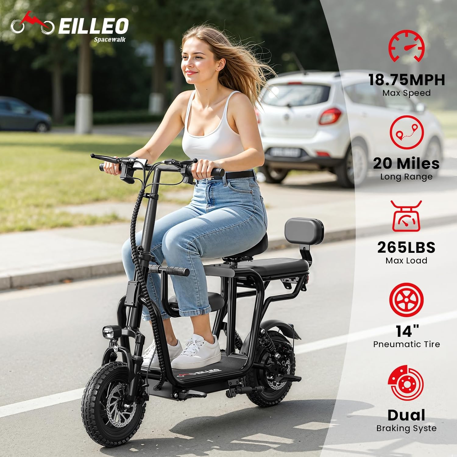 48V/36V Electric Scooter with Seat, Adult E Scooters with Seat, 372W-750W Motor, 6-20 Miles, 18.75mph/17.4mph/11.18mph, Electric Scooter for Adults, Dual Brakes, 14