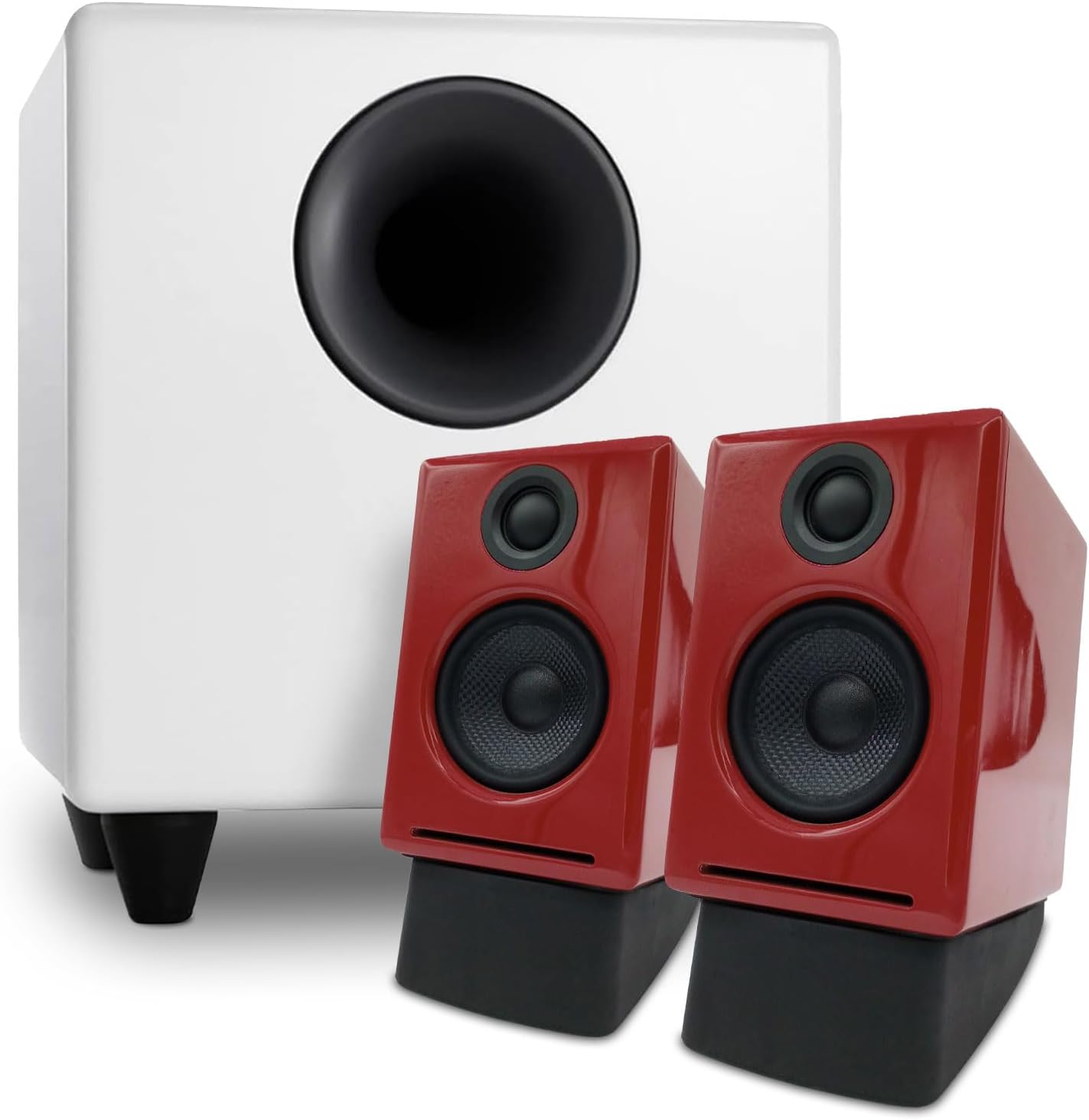 Audioengine A2 Red Computer Speakers with S8 White Subwoofer and DS1 Stands