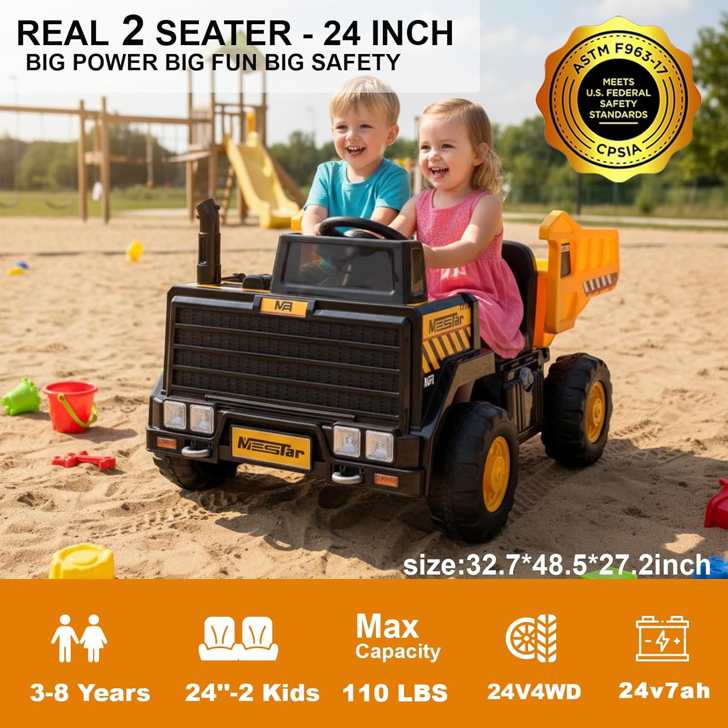 24V Ride On Dump Truck, 2 Seater Ride On Cars with Remote Control, 4WD Motors, Up to 5 Mph, 24v Construction Vehicle w/Electric Dump Bed, Shovel, Helmet, 24V Ride on Toys for Big Kids-Yellow