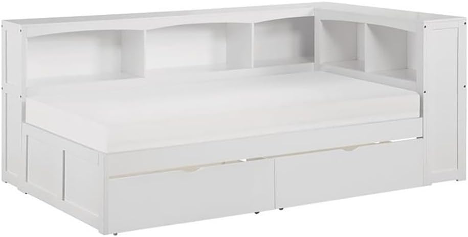Pemberly Row Transitional 5-Shelf Wood Twin Bookcase Corner Bed in White