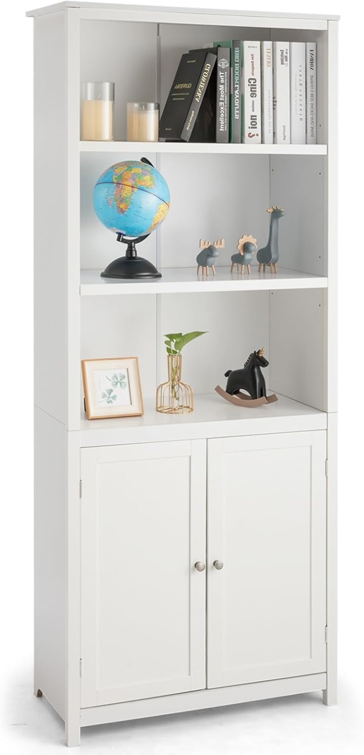 Wenst'sKufAN Nightcore 5-Tier Bookcase with Doors, Floor Standing Bookshelf with Storage, Adjustable Shelves, Pantry Cabinet, Wooden Display Shelf for Home, Office, Living Room, Bedroom (White)