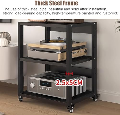 Heavy Duty 3-Tier AV Shelf with Wheels - Durable Media Stand for Home Theater & Stereo Systems - Stylish Entertainment Cabinet for Audio Video Components