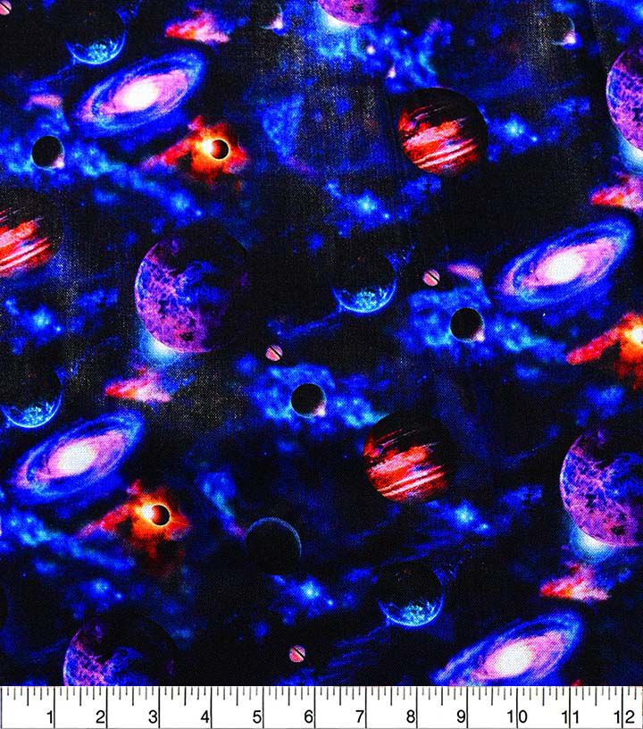Planets in Space on Black Novelty Cotton Fabric