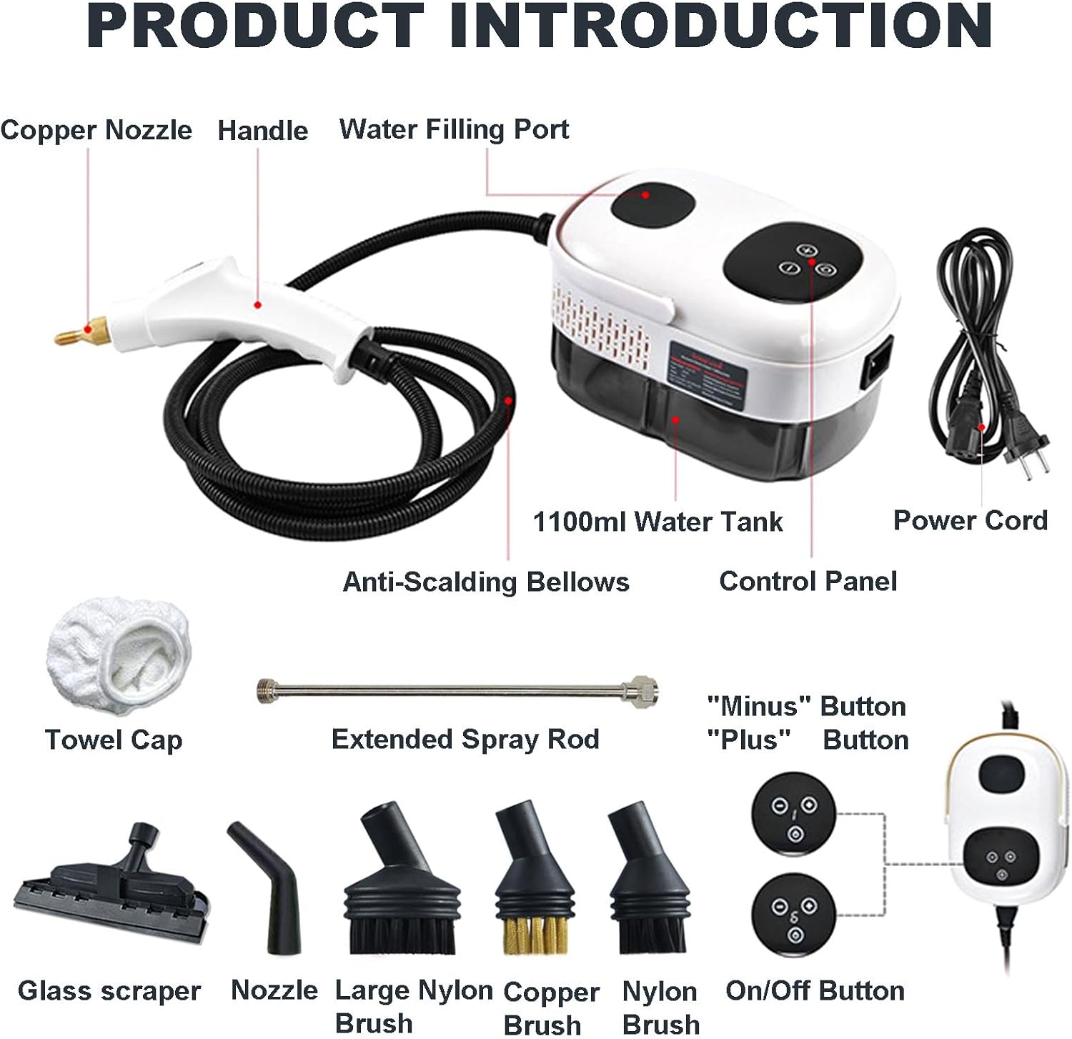 High Pressure Steam Cleaner, 15 Seconds Fast Heating, 6 Levels Of Temperature Adjustment, 1100 Ml Large Water Tank, Multifunctional Household Cleaning (White)