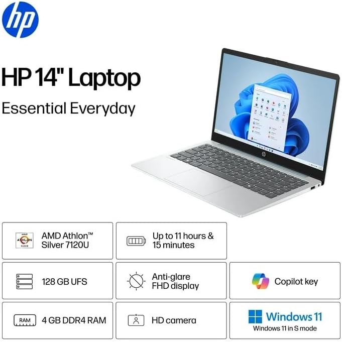 HP 14 inch HD Business Laptop, AMD Athlon 7120, 4GB RAM, 512GB SSD, Moonlight Blue, One Year Microsoft 365 Included, Copilot AI, Windows 11 Home in S Mode with HEX Accessories