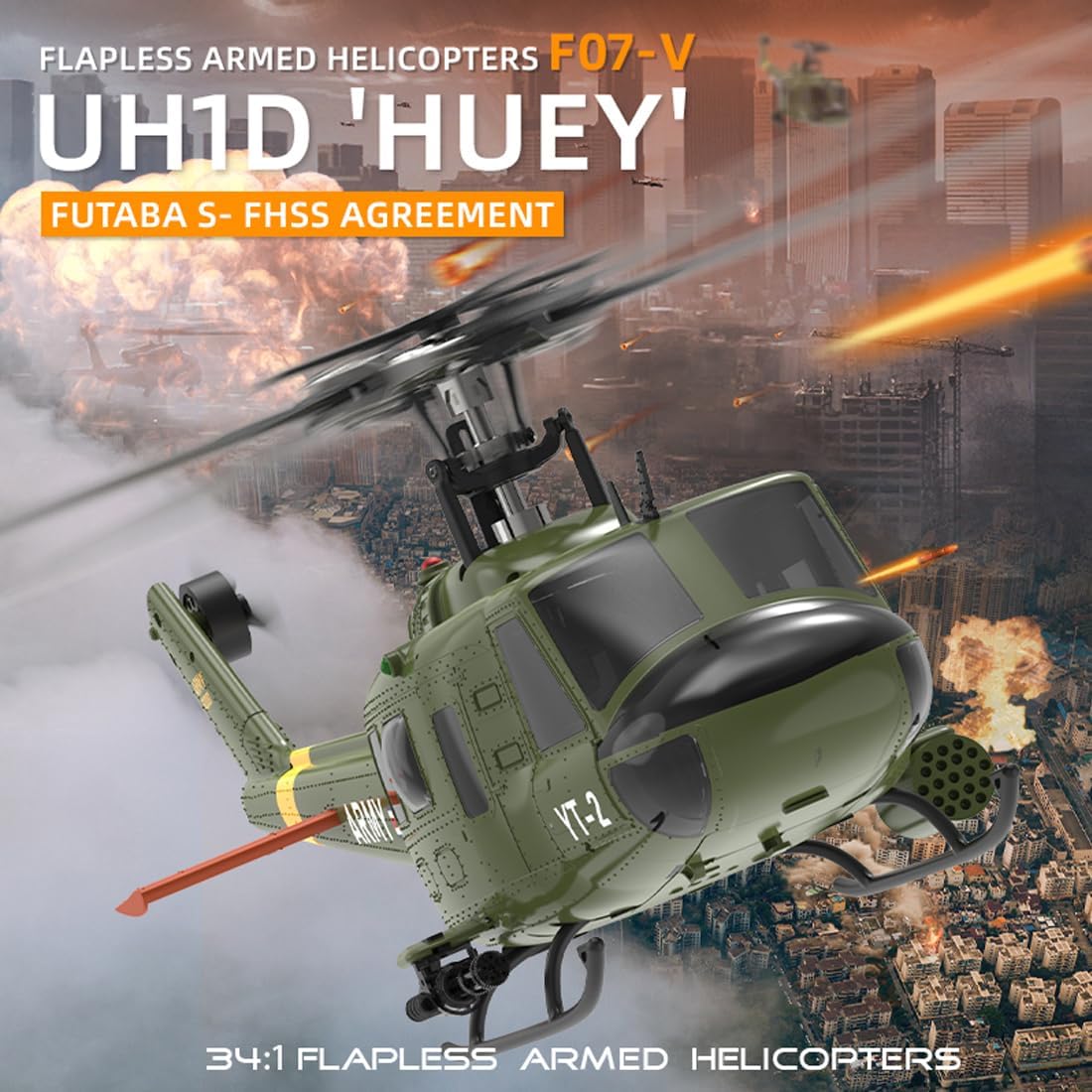 F07-V UH-1 Huey Brushless Military RC Helicopter, 1:34 Scale 2.4G 6CH Single Rotor RC Helicopter with 3D/6G Modes, High-Performance Stunt Drone for Advanced Pilots
