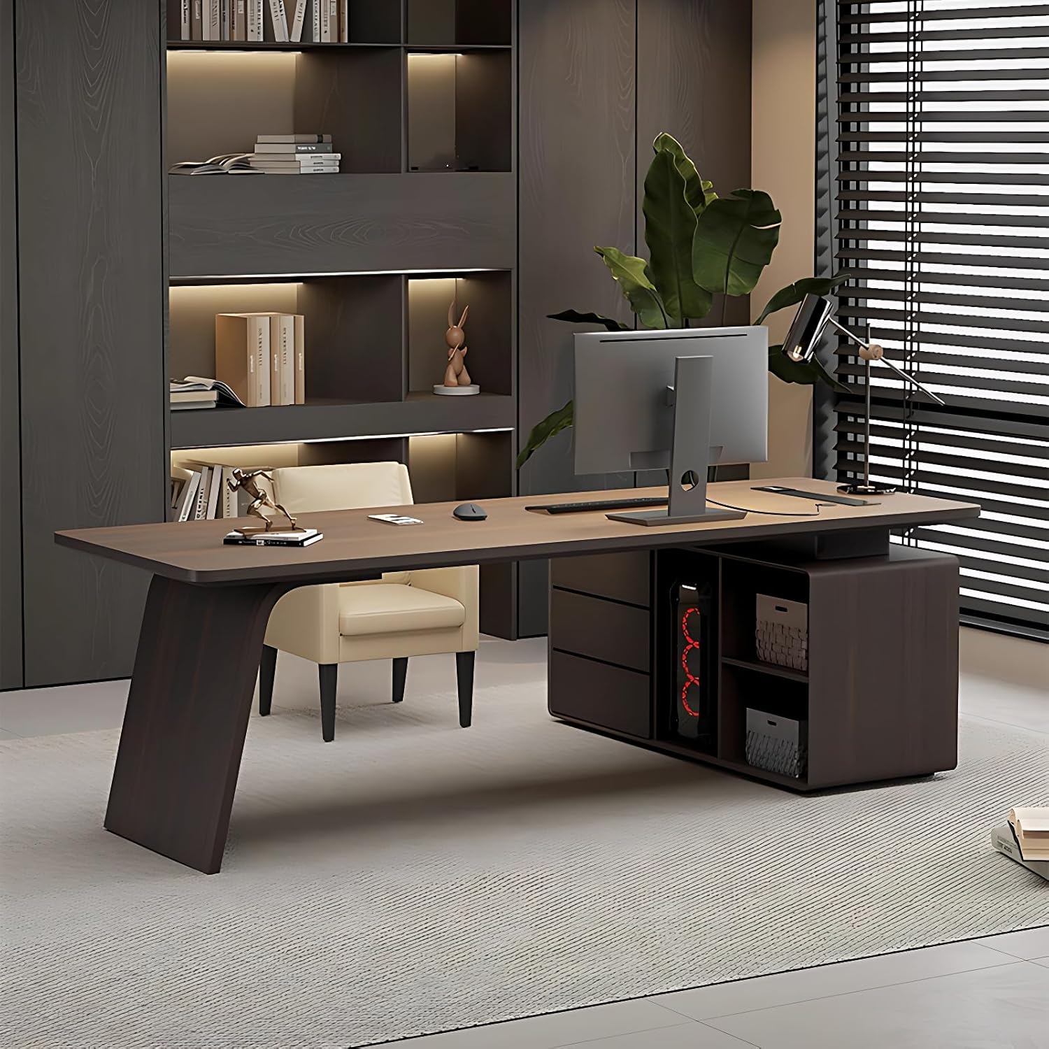 Home Office Desk - Modern Office Table with Multifunctional Socket, Solid Wood Executive Desk with 3 Drawers and Computer Host Cabinet (76IN)