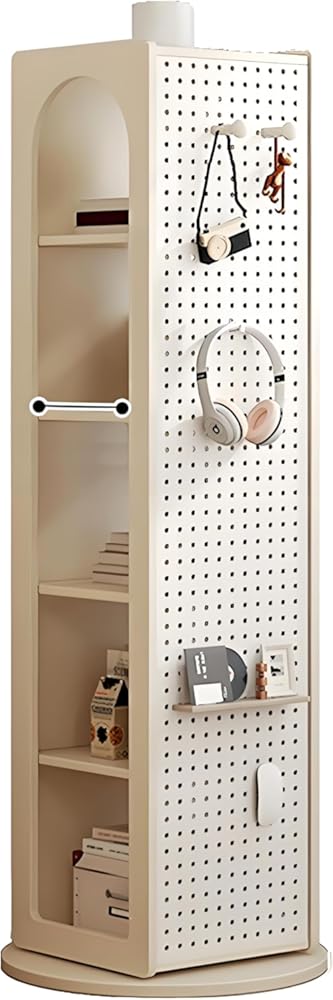 Book Shelf with Mirror, 360° Rotating Multifunctional Organizer with DIY Pegboard, Thickened Solid Wood Bookcase for Corner Bedroom Living Room Study(White)