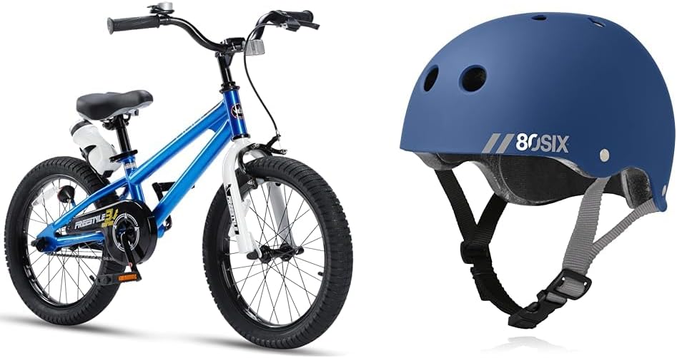 Royalbaby Freestyle Kids Bike with 80Six Dual Certified Helmet for Ages 5-8 Years, Blue and Navy