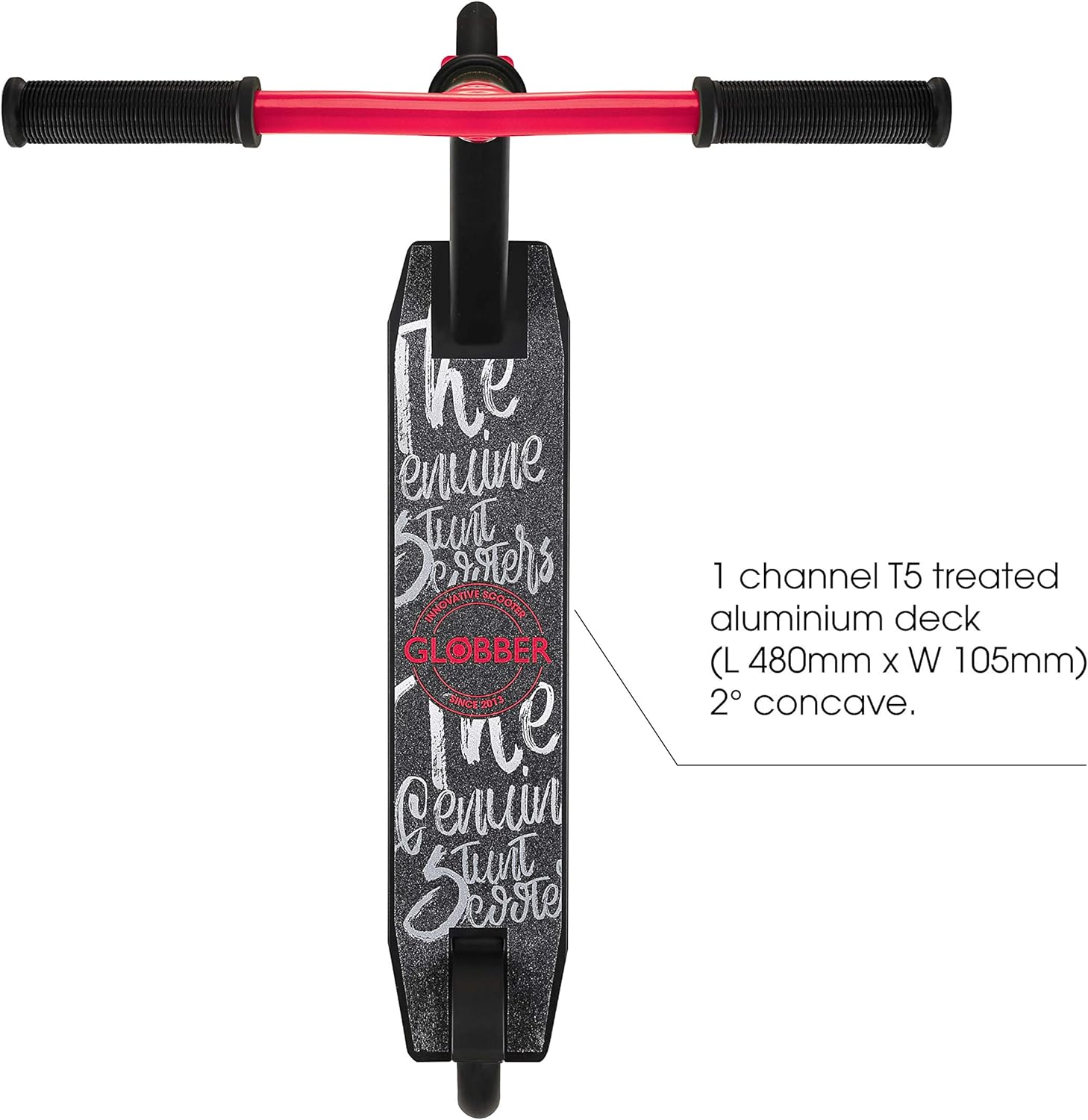 Globber Stunt Scooter GS 360 2-Wheel Stunt Scooter Sturdy Aluminium Deck, Reinforced 83° Aluminium downtube for Teens and Adults (Black/Red)