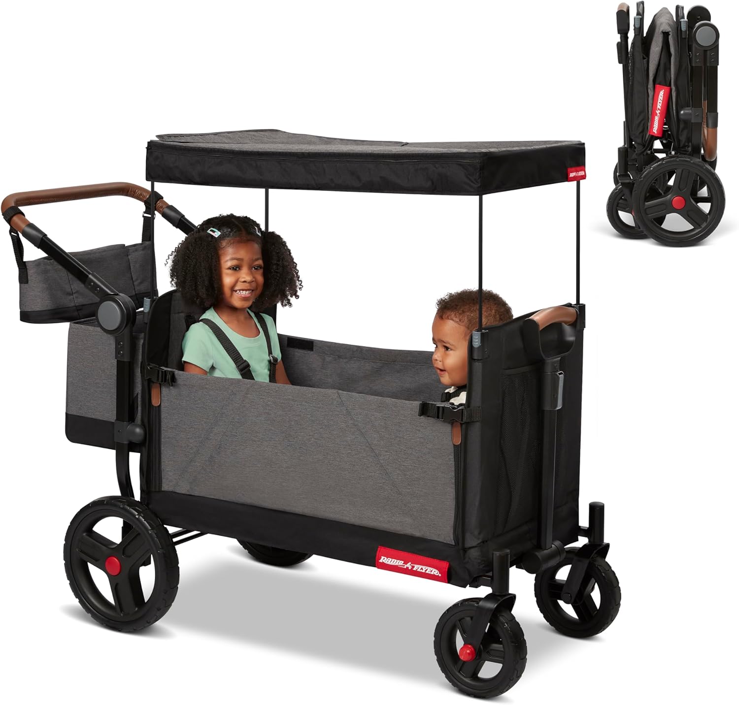 Radio Flyer Atlas Stroll ’N Wagon, Atlas Gray, for Ages 1+, 3-in-1 Push or Pull Versatility, One-Hand Fold, UV Canopy, 5-Point Harnesses, Storage Capabilities, Rubber Wheels, Stroller Wagon for Kids