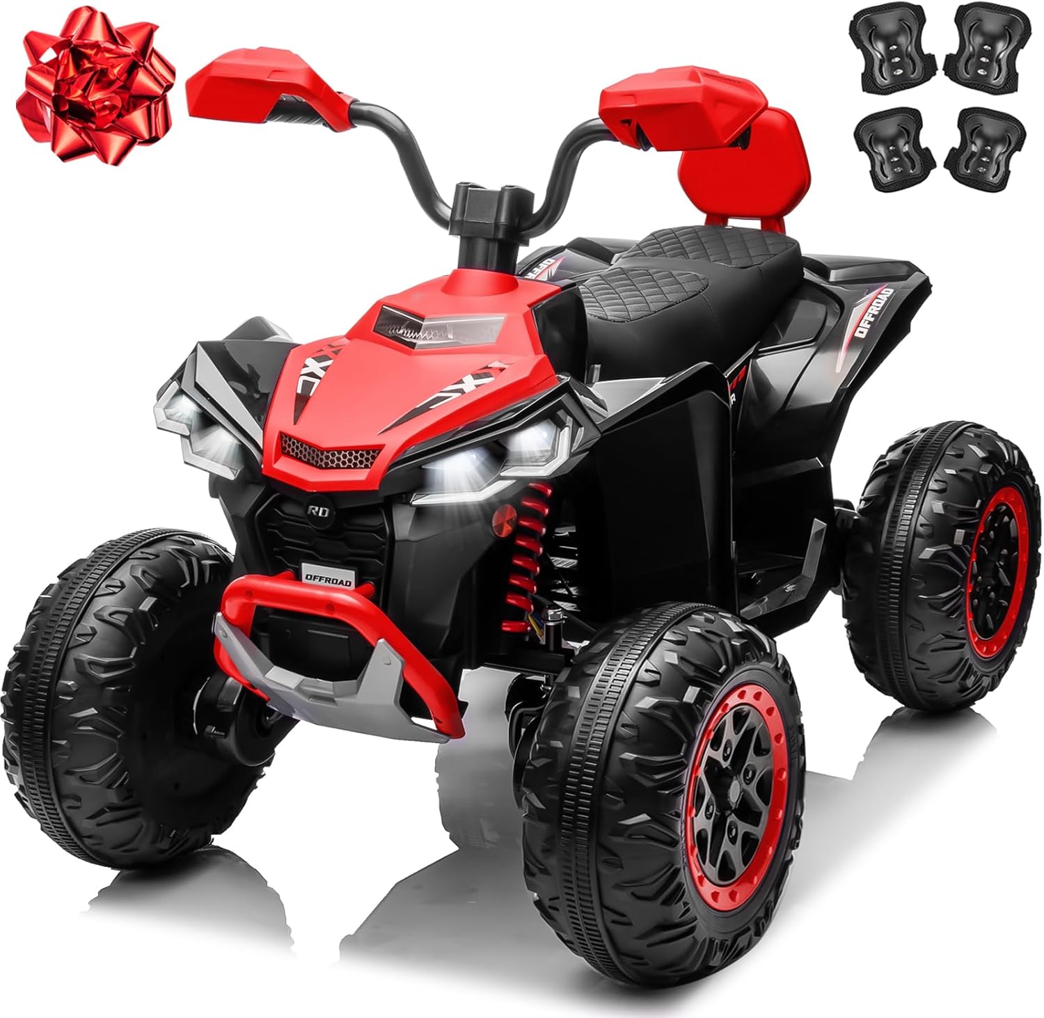 Kids Ride-On Electric ATV, 24V Battery Powered Kids Electric Vehicle 4-Wheeler Quad Car Toy w/19.3 Inch Leather 2 Seat, Kneepads, 5.5mph Max Speed, 4 Spring Suspension, LED Headlights, Music