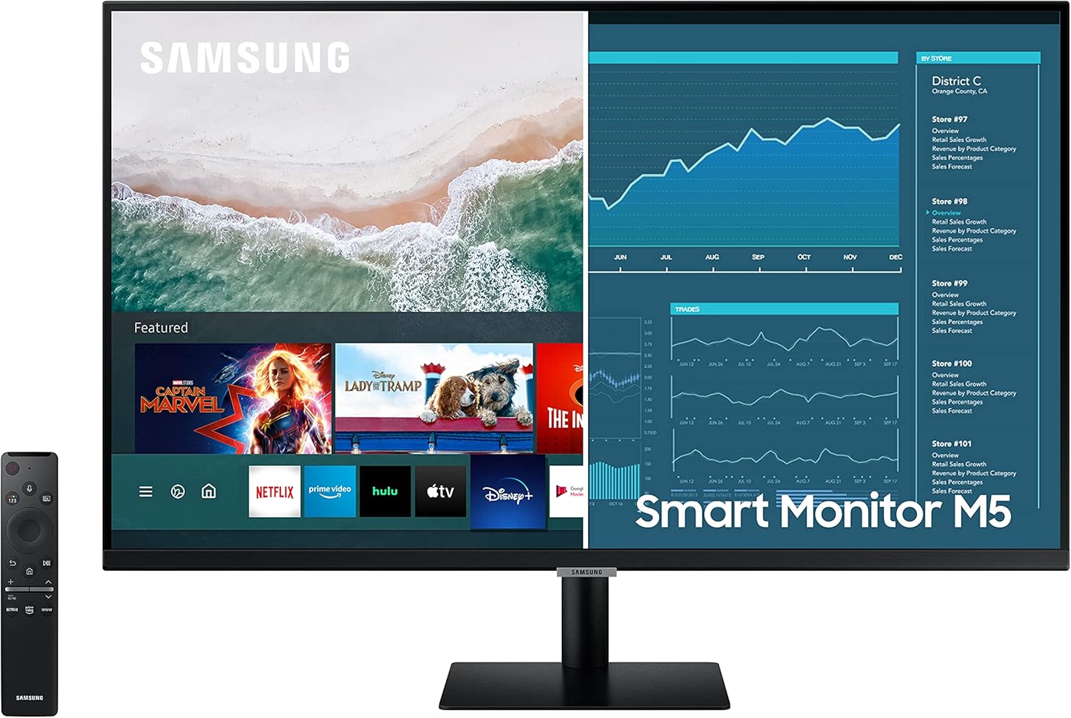 SAMSUNG M5 Series 32-Inch FHD 1080p Smart Monitor & Streaming TV (Tuner-Free), Netflix, HBO, Prime Video, Apple Airplay, Bluetooth, Built-in Speakers, Remote Included (LS32AM500NNXZA)