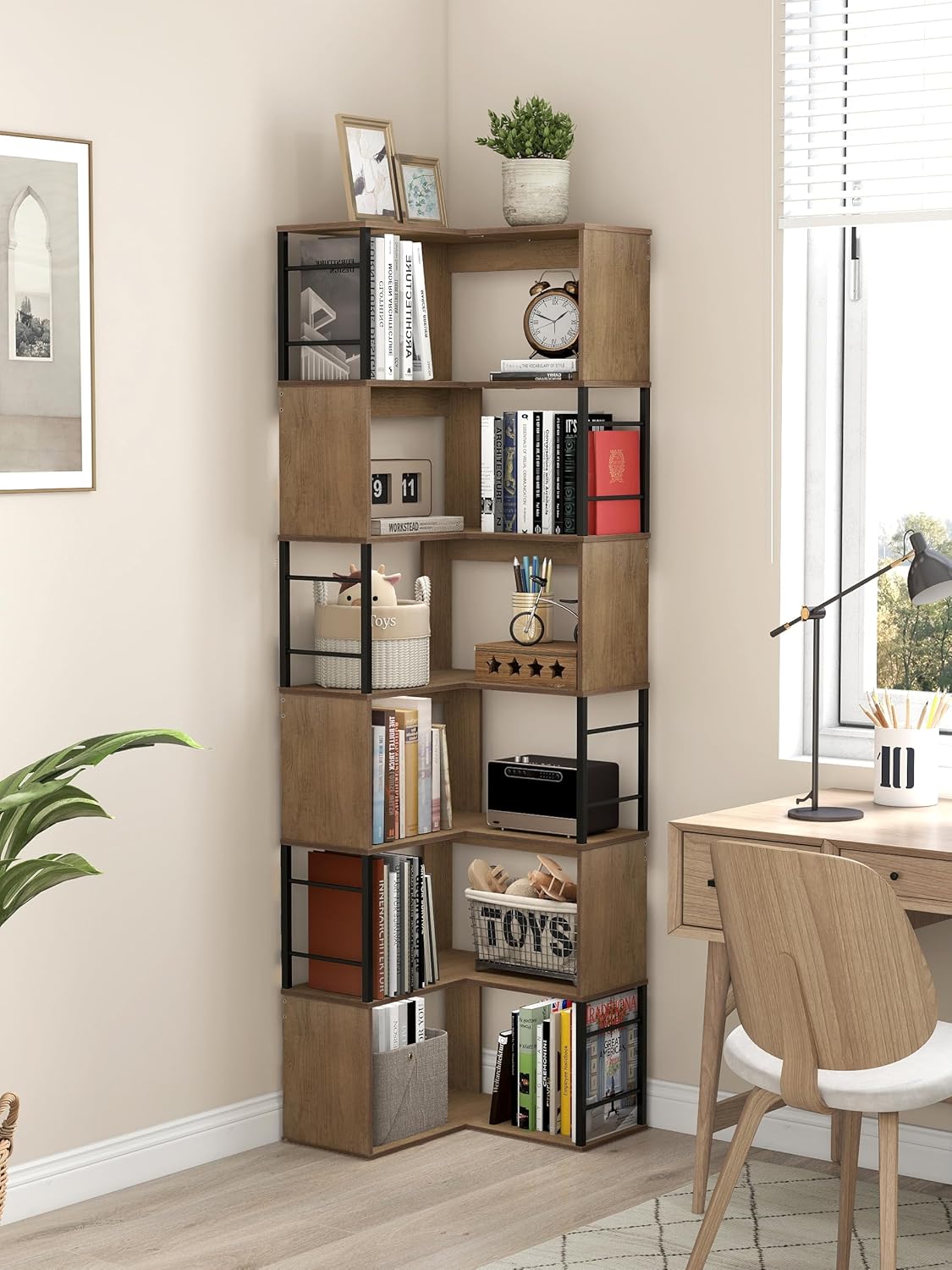 Suuiwau 7 Tier Corner Bookshelf 74 Inches Tall Corner Bookcase Industrial L Shaped Book Shelf with Metal Frame Display Rack Storage Organize for Home Office,Living Room,Bed Room (Brown)