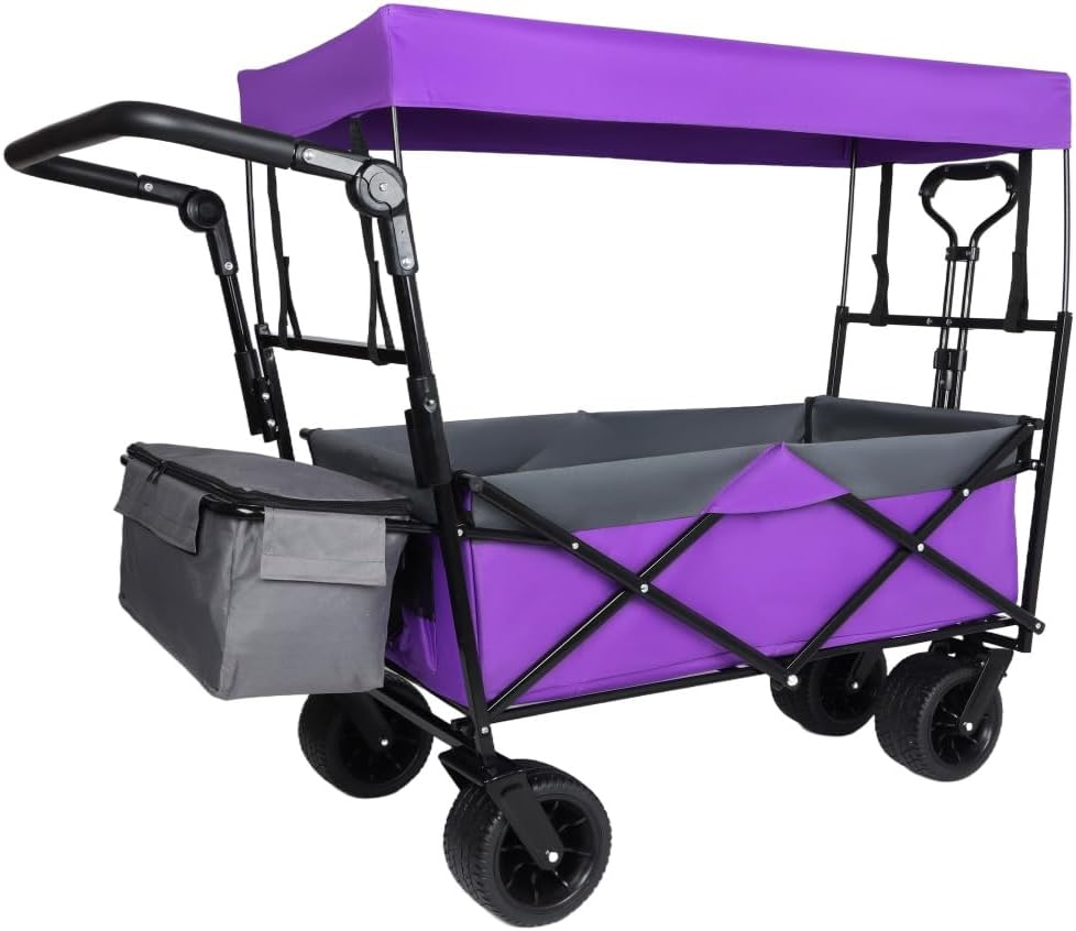 Heavy-Duty Foldable Wagon with All-Terrain Wheels, Push-Pull Handle, Removable Canopy, Large Capacity for Camping, Garden, Shopping & Outdoor Use (Purple + Steel)