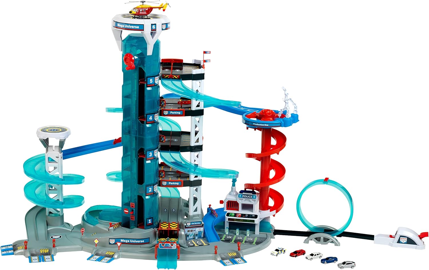 Theo Klein 2820 Bosch Car Service - Mega Universe I Garage with Light & Sound, Lift, Loop & Lane Change exit I Incl. Vehicles I for Children from 3 Years