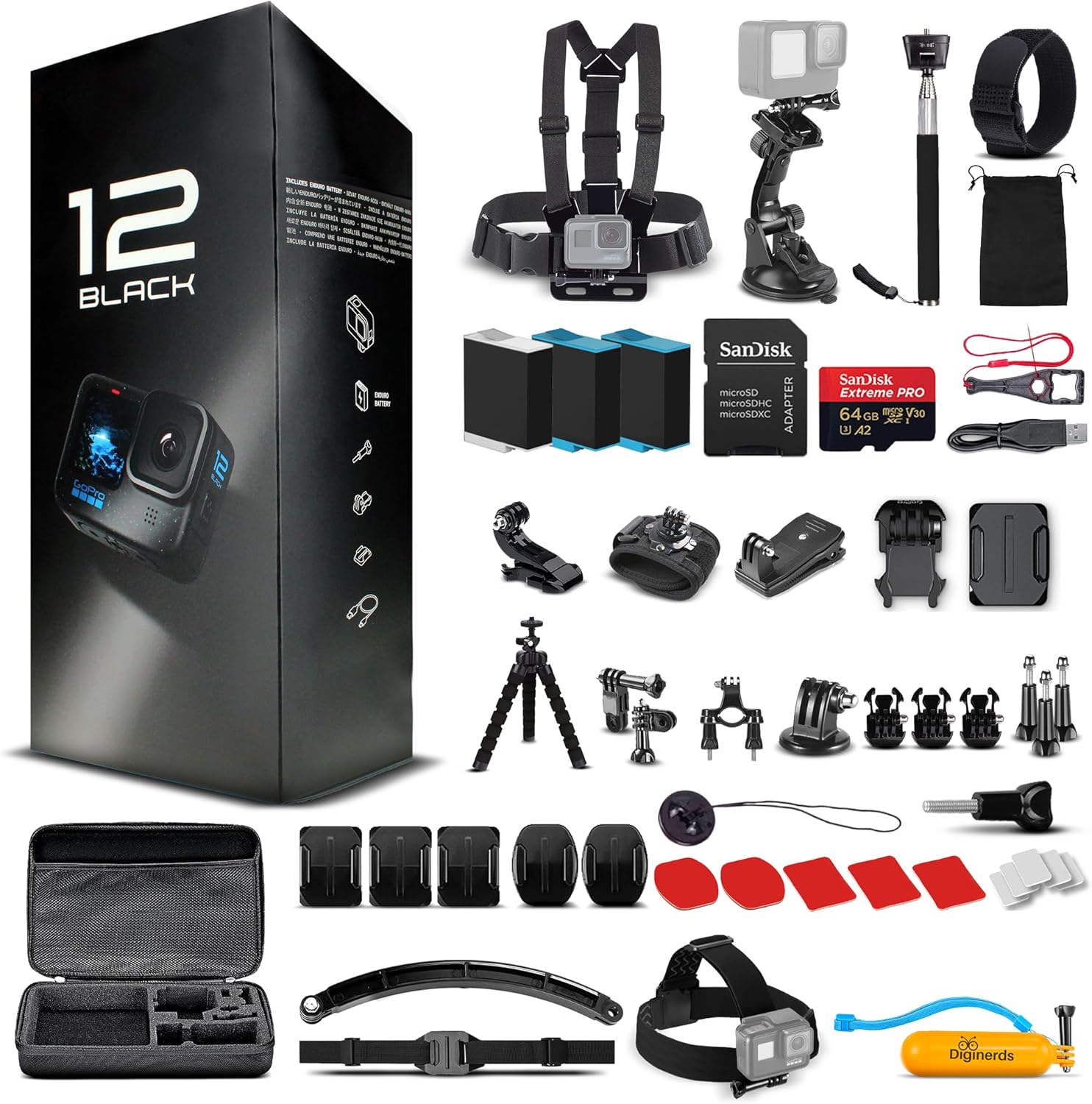 GoPro HERO12 (Hero 12) Black - with 50 Piece Accessory Kit and 2 Extra Batteries + 64GB Card - Waterproof Action Camera - 5.3K HDR, 27MP Photos, 1/1.9