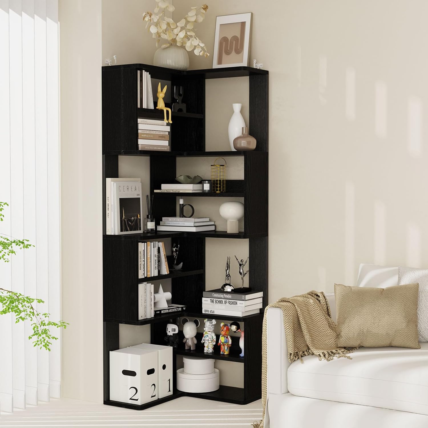 Lkeiyay 9-Tier Black Corner Bookcase, 65” Tall Space-Saving Modern Corner Bookshelf for Living Room/Bedroom, Sturdy Open Storage Unit with Multiple Shelves, Perfect for Home Office & Small Spaces