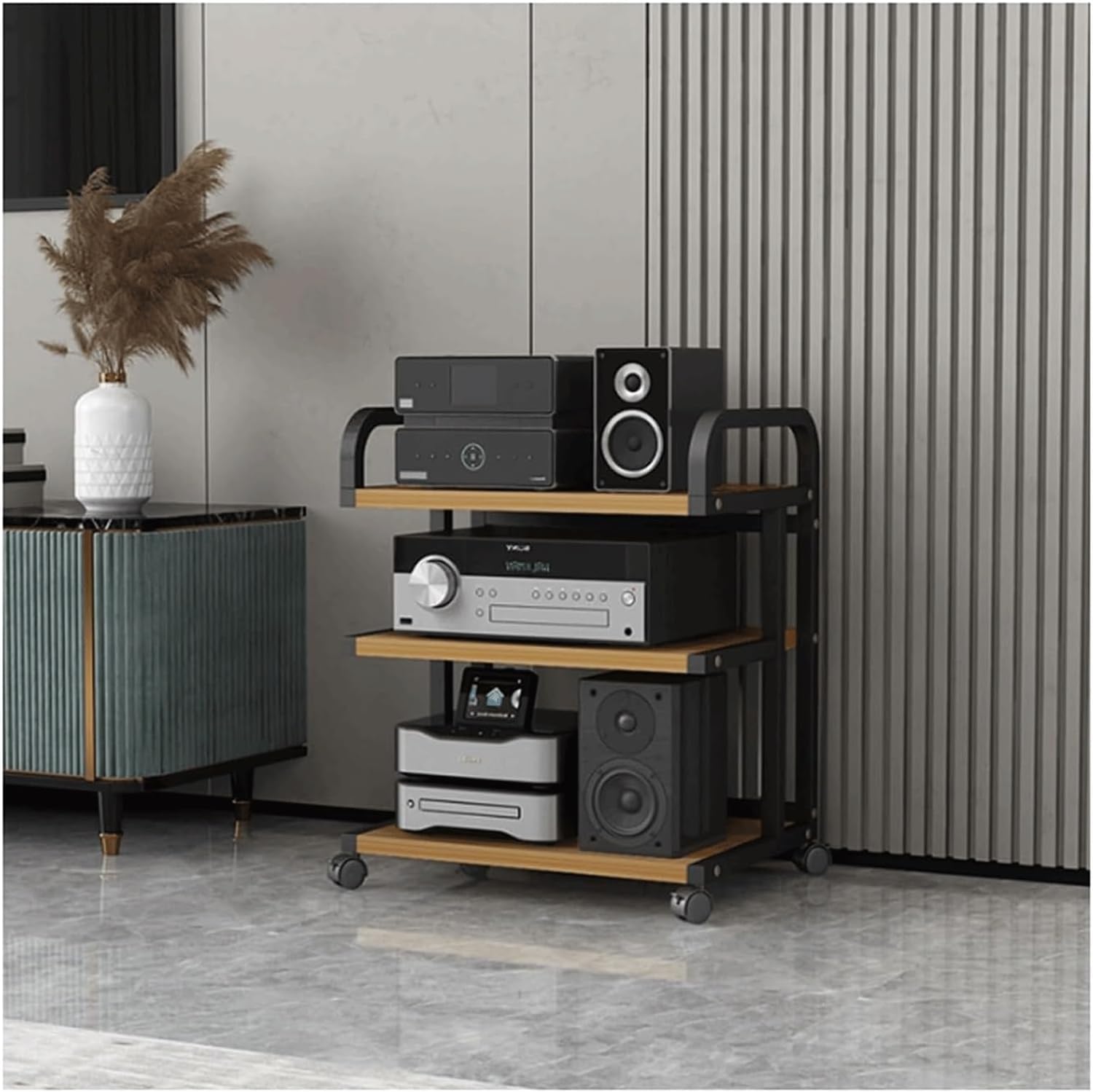 PZEOB AV Media Stand Carbon Steel + E1 Grade Plate Audio Rack Stand with Wheels Stereo Component Stand Audio-Video Shelving Stereo Rack(Natural