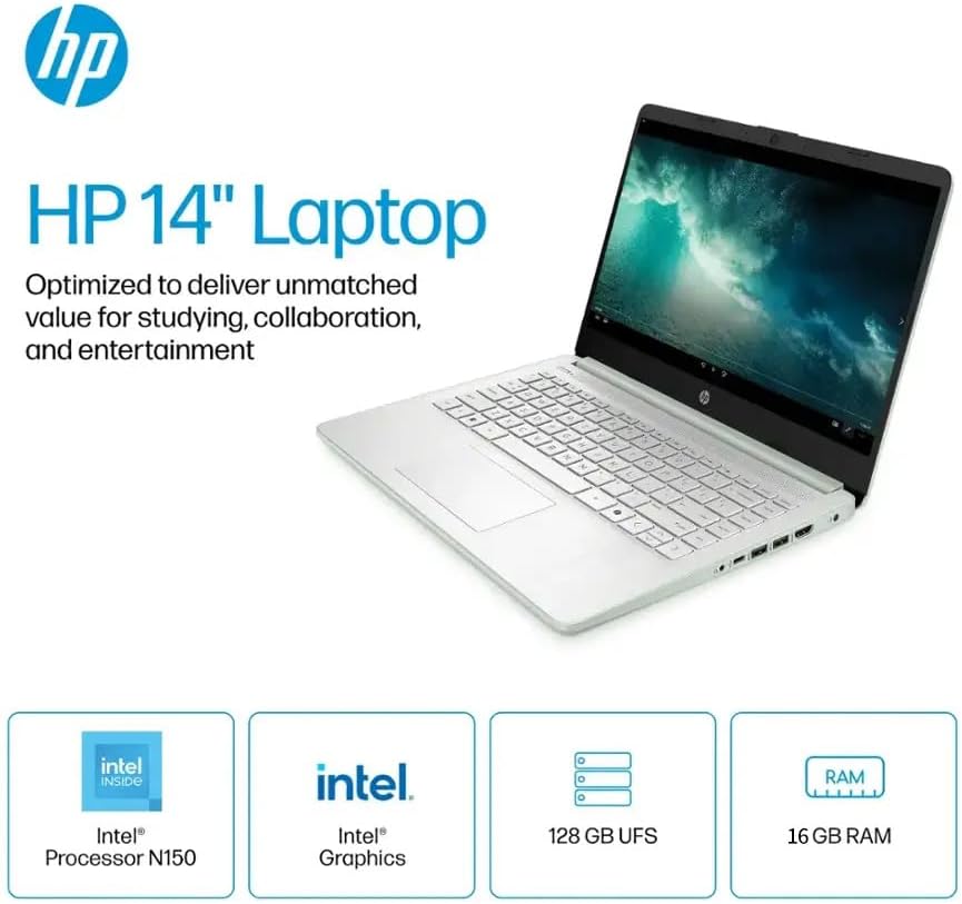 HP 2025 14 Inch Laptop Computer, Office Lifetime License, Intel Processor N150, 16 GB RAM, 384 GB Storage(128GB UFS+256GB MSD), Copilot AI, Wi-Fi 6, Webcam, Lightweight, Windows 11 Pro, w/Accessories