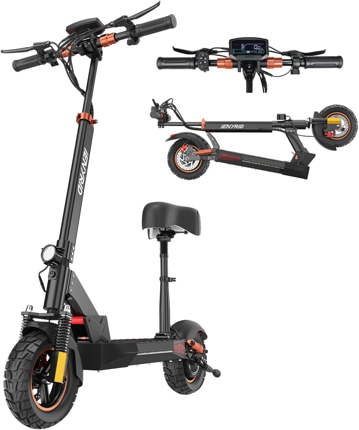 e Scooter for Adults, iENYRID Electric Scooter with Seat 1000W Peak Power Motorized Kick Scooters 10 Inch Off-Road Tires eScooter Up to 28mph Max, 20-30 Miles Long Range